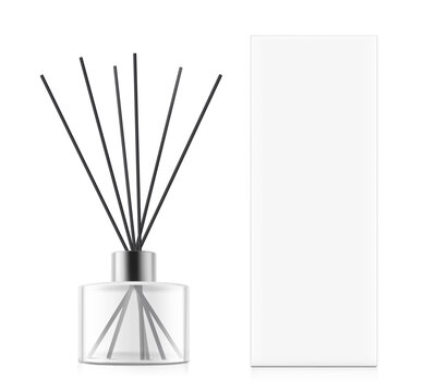Aroma stick diffuser or reed diffuser with paperboard box mockup. High realistic. Vector illustration isolated on white background. Ready for use in presentation, promo, advertising and more. EPS10.