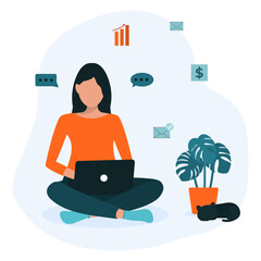 Woman sitting in lotus position on the floor with laptop.