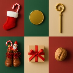 Saint Nicholas concept with holiday items in flatlay style, suitable for backgrounds