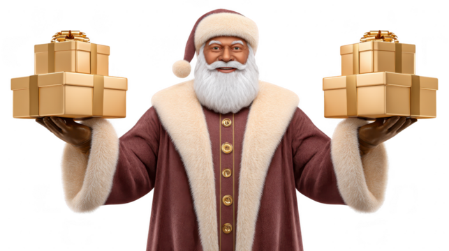 African American Santa Claus holding gold gift boxes, wearing burgundy fur coat and hat, smiling joyfully, festive holiday spirit, isolated on transparency background