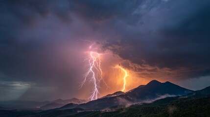 Fototapeta premium Dramatic Lightning Strikes Illuminate Mountains Under Stormy Sky with Dark Clouds and Vibrant Colors in Breathtaking Scenic Nature Landscape
