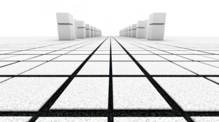 White square tile floor geometric pattern perspective symmetry modern architecture White square tile floor with geometric pattern, strong perspective lines, and symmetrical modern architecture