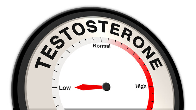 Testosterone at a low level shown on a barometer or tachometer, symbolizing symptoms like fatigue, low libido, and muscle weakness, requiring treatment and hormonal balance therapy