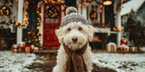 Cute Dog in Winter Hat and Scarf — Christmas and New Year Postcard Scene