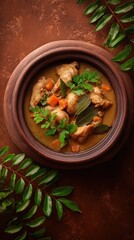 Chicken pot stew with green leaves and coconut base, dish from Papua New Guinea on brown background, food photo, template for social media, digital ads, web banners, mobile wallpapers, greetings card