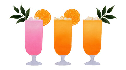 Fototapeta premium Pink cocktail, orange cocktail, and tropical drink in tall glass with ice, orange slice, and green leaf garnish, refreshing summer beverage illustration, cheerful mood