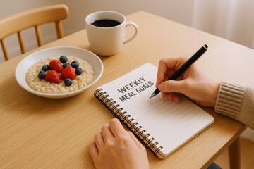 Weekly meal plan concept with person writing in notebook, breakfast and coffee