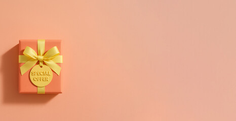 Gift box with yellow ribbon and special offer tag on pastel background