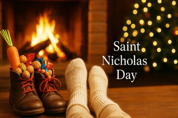 Saint nicholas day celebration with shoes filled with treats near cozy fireplace
