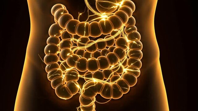 Digital 3D render of the glowing human digestive system showing intestines and nervous connections on a black background - Powered by Adobe