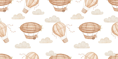Seamless watercolor background with hot air balloon and airship in clouds, repeating illustrations, wallpaper design