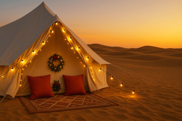 Desert holiday setting with tent and festive lights, christmas concept, background