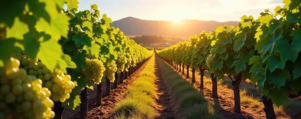 Sun-drenched vineyard rows stretching to the horizon, lush green vines heavy with ripening grapes, ready for harvest A picturesque scene of idyllic wine country , summer, wine grapes