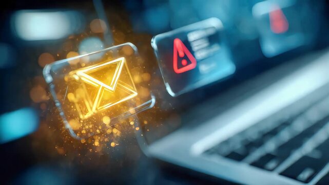 Glowing digital mail icon on laptop screen, symbolizing online communication, email management, and cybersecurity alerts