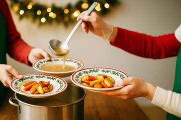 Christmas charitable soup serving event with seasonal decorations