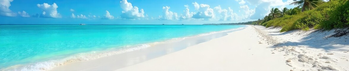 Obraz premium Sun-drenched white sand beach in Florida, turquoise water gently lapping the shore, a perfect sunny day paradise Ideal for travel, vacation, and tourism promotions , ocean, serenity