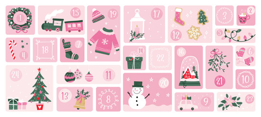 Cute hand drawn Christmas advent calendar. Lovely doodle drawings, vector design