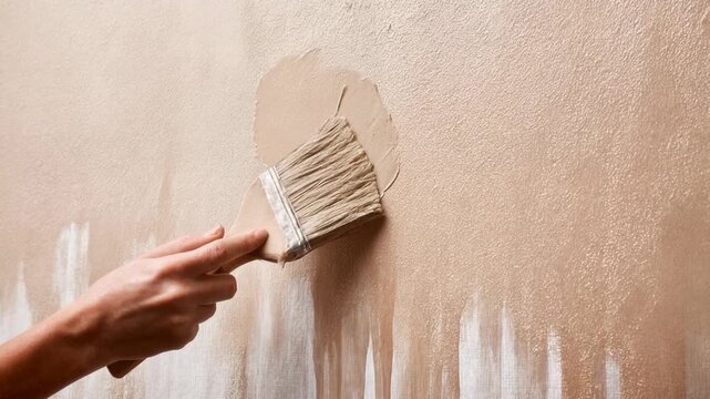 Hand brushing fresh paint over a wall, creamy texture and soft daylight perfect for DIY tutorials, renovation services, and minimalist product placements about color and change