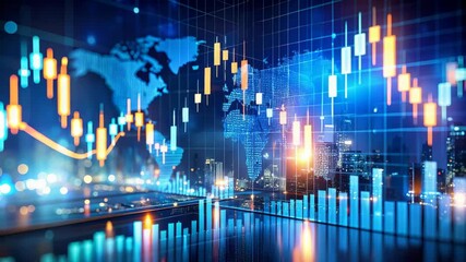 Financial chart with candle stick graph overlaying stylized world map and cityscape, representing stock market, investment, and global economy. - Powered by Adobe