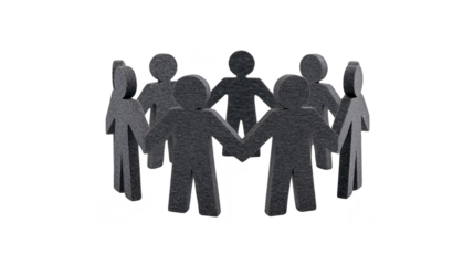 Group of black paper cutout people holding hands in circle, symbolizing unity, teamwork, and community support, with simple and minimalistic style on transparent background
