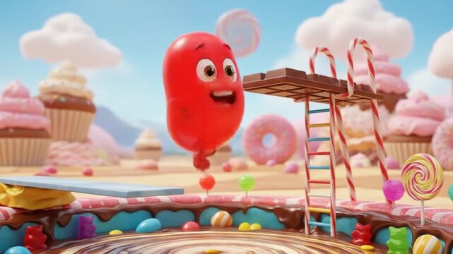 Candy wonderland pool party with a chocolate diving board and a leaping red gumdrop man