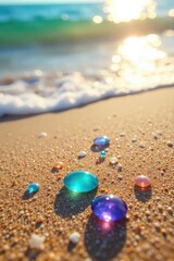 Sun-kissed beach, glittering jewels scattered across the sand, reflecting the warm sunlight A breathtaking summer scene of nature's treasures , diamond, summer, seascape