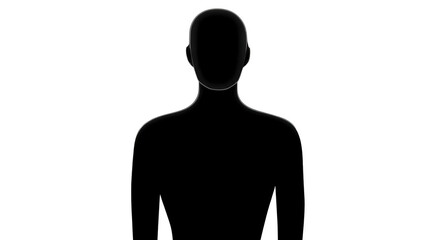 Silhouette of person with no facial features, standing upright, neutral pose, isolated on transparent background, suitable for profile placeholder or avatar design