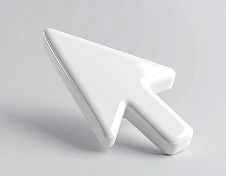3D rendering of a white click pointer cursor arrow icon, clean smooth surface, floating on transparent background, realistic lighting and soft shadow, minimal design.