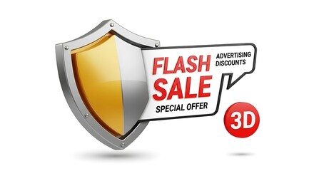 Flash Sale tag. Shield 3d icon banner with text box. Special offer price sign. Advertising Discounts symbol. Flash sale chat protect message. Shield speech bubble banner. 3d