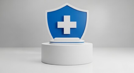 Obraz premium 3d white medical podium background for health product. Blue pharmacy shield for medicine advertising with platform and plus sign in studio. Cylinder pedestal for healthcare presentation illustration