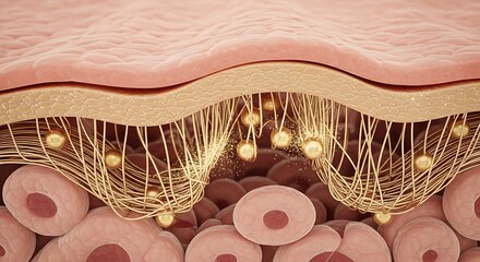 skin cell. gold serum molecules through the skin layer and reduce up saggy skin of the skin cell. 3d rendering.