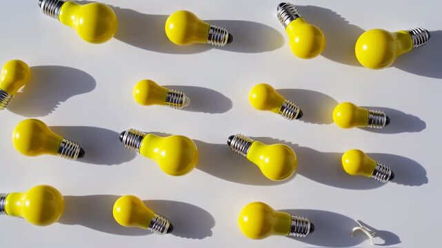 Overhead view of multiple yellow light bulbs arranged on a white surface, creating shadows