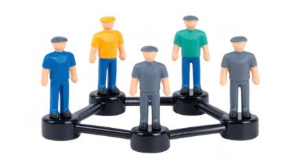 Five plastic figurines connected in hexagonal network, symbolizing teamwork, collaboration, and social connection, with diverse colors and casual clothing, isolated on transparency background