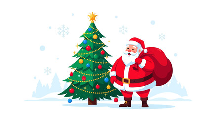 Santa Claus is coming with gifts near the Christmas tree for a festive holiday season full of joy and cheer in a winter wonderland setting
