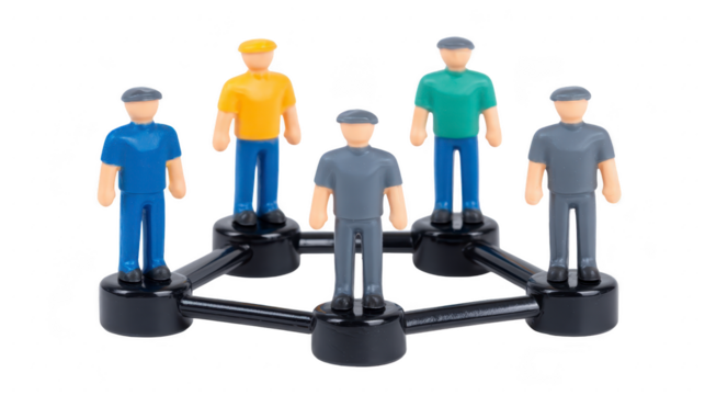 Five plastic figurines connected in hexagonal network, symbolizing teamwork, collaboration, and social connection, with diverse colors and casual clothing, isolated on transparency background