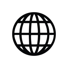 A sleek and minimalist black globe grid icon, symbolizing global connectivity, internet access, worldwide communication, and international business applications