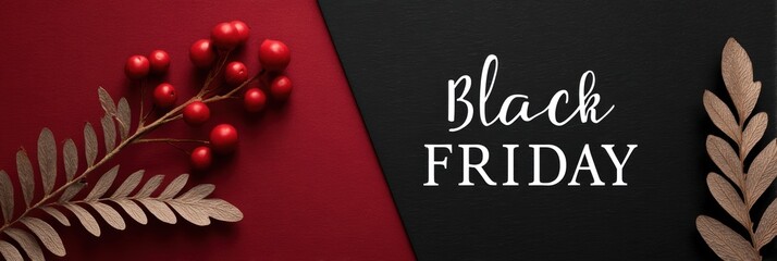 Black Friday sale banner with berries and leaves on a stylish background