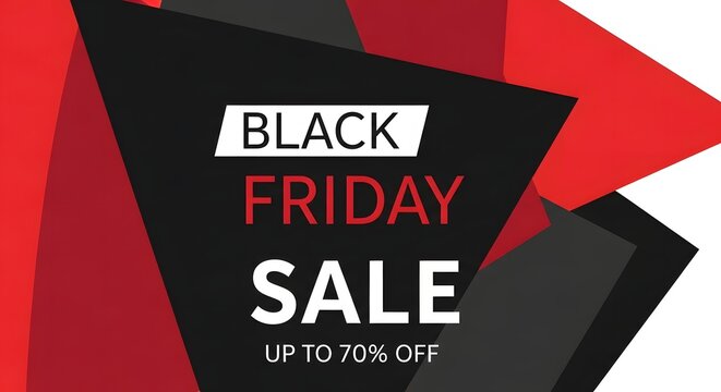 Black Friday sale advertisement with geometric shapes, red and black colors, and a discount.