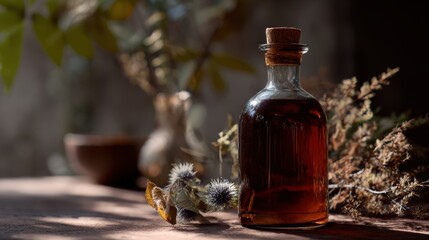 Fermented Drinks for Gut Health. A rustic glass bottle filled with dark liquid, surrounded by herbs and soft natural light.
