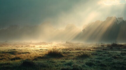 Fototapeta premium Serene Morning Landscape with Soft Light Rays Illuminating Misty Meadow and Forest in the Background at Dawn in a Tranquil Natural Environment