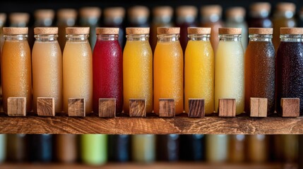 Fermented Drinks for Gut Health. Colorful bottles filled with various liquids arranged on a shelf.