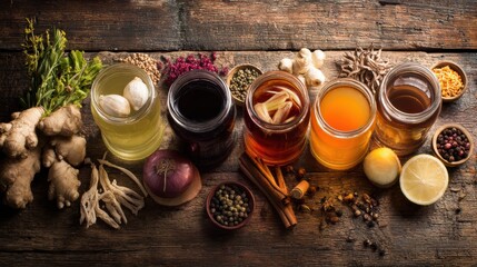 Fermented Drinks for Gut Health. Colorful jars of herbal drinks arranged on a rustic wooden surface with spices and ingredients.