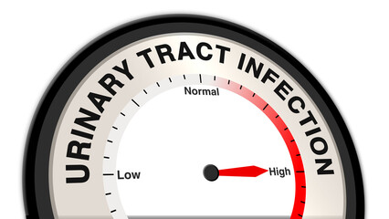 Urinary tract infection (UTI) at high severity on a barometer or tachometer, showing severe symptoms like intense pain, frequent urination, fever, and requiring urgent medical treatment