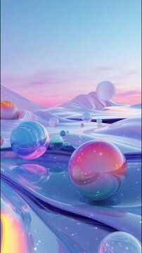 Abstract video background in purple neon tones: balls of water, hydrogel, float, jump on the surface of swaying waves