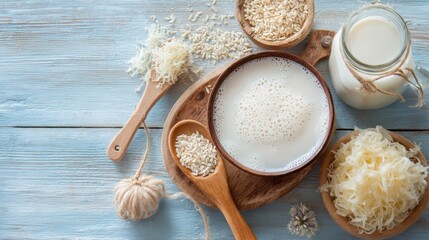 Fermented Drinks for Gut Health. Oat milk and ingredients displayed on a rustic wooden surface.