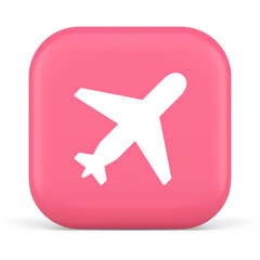 Simple White Airplane Icon Silhouette on a Bright Pink Rounded Square Background with Subtle Shadow and Highlights Symbolizing Travel and Aviation