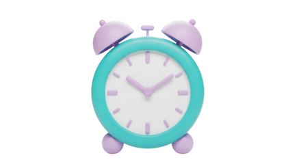 Cartoon alarm clock with pastel purple and teal colors isolated on a transparent background