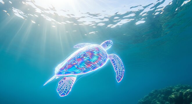 Sea turtle swimming underwater with sunbeams
