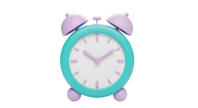 Cartoon alarm clock with pastel purple and teal colors isolated on a transparent background