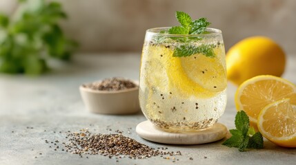 Fermented Drinks for Gut Health. Refreshing lemon drink with mint leaves and chia seeds on a textured surface.
